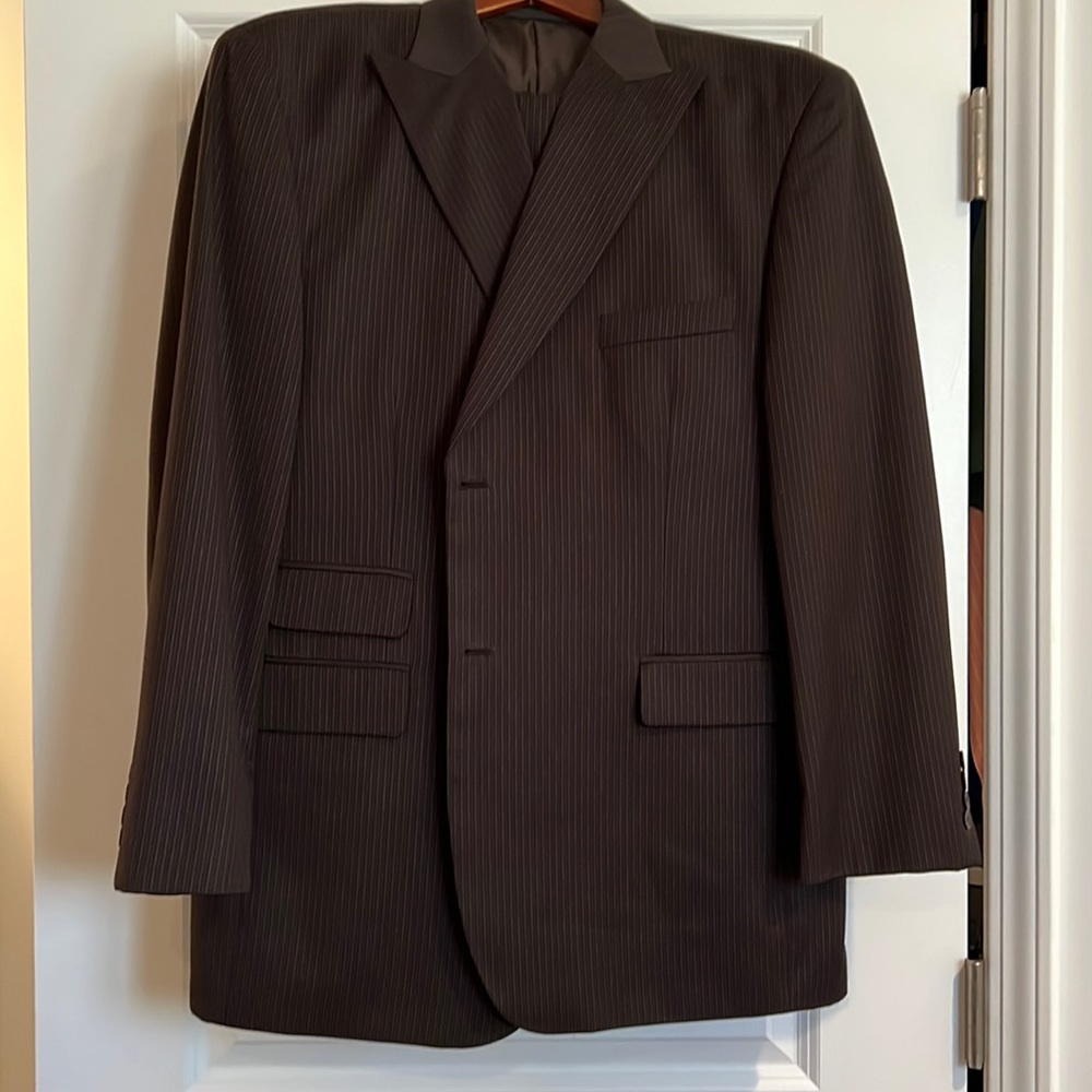 Men’s black, pinstriped Stacy Adam’s suit